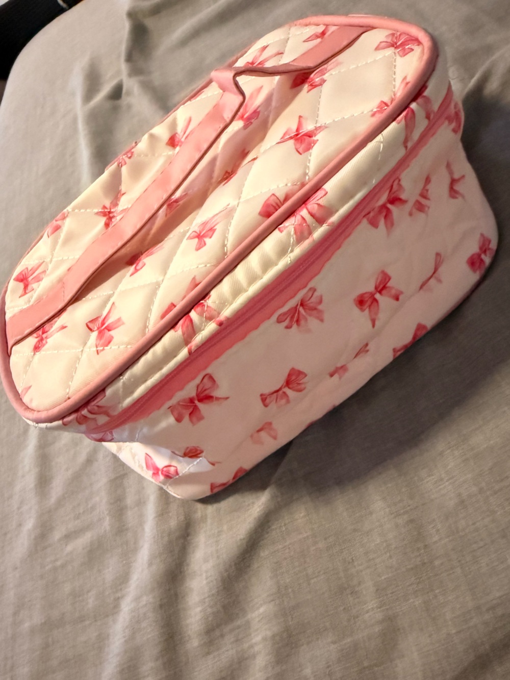 Pink Bow Quilted Cosmetic Pouch - Soft Pink